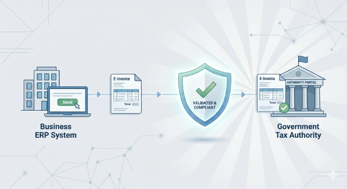 UAE e-invoicing flow: an invoice travels from a business ERP system, through a shield checkpoint marked "Validated & Compliant," to the Government Tax Authority portal — showing compliant transmission via a service provider.