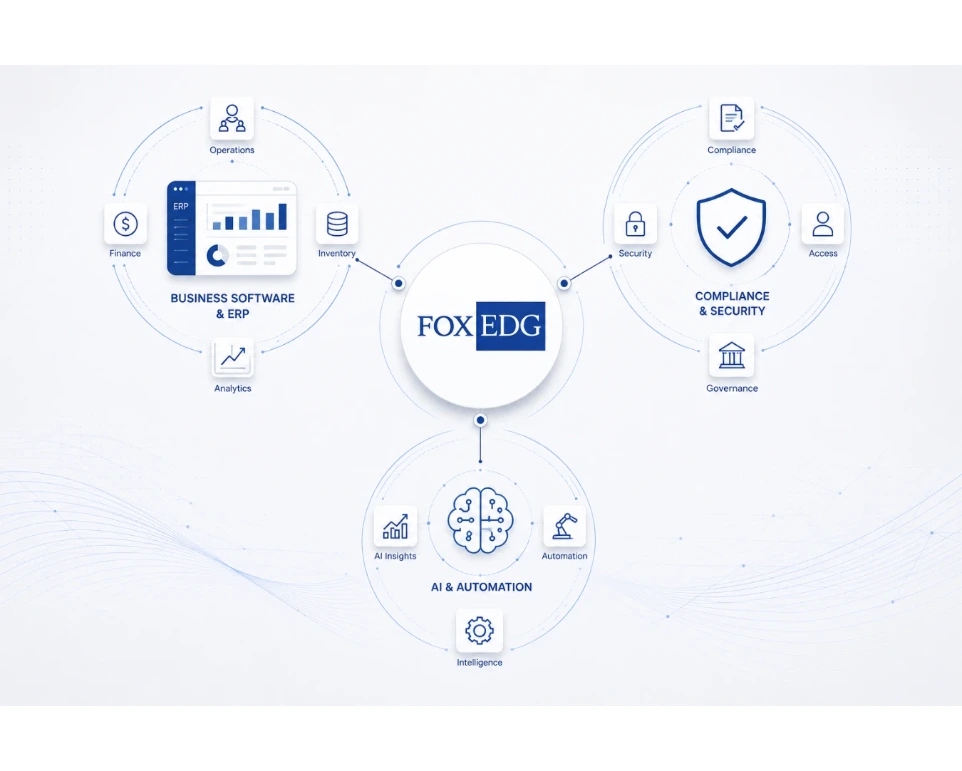 Foxedg Ventures diagram: a central FOXEDG hub connecting three business areas — Business Software & ERP (finance, inventory, analytics, operations), Compliance & Security (governance, access), and AI & Automation (AI insights, automation, intelligence).