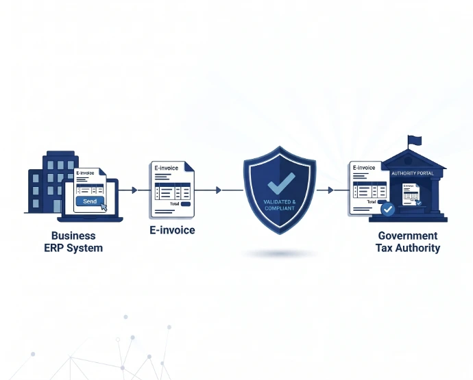 UAE e-invoicing flow: an invoice travels from a business ERP system, through a shield checkpoint marked "Validated & Compliant," to the Government Tax Authority portal — showing compliant transmission via a service provider.