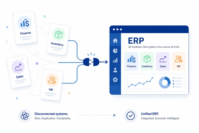 ERP integration illustration: separate business modules — Finance, Inventory, Sales, and HR — plugging into a single unified ERP dashboard showing financial, supply-chain, sales-analytics, and workforce views.